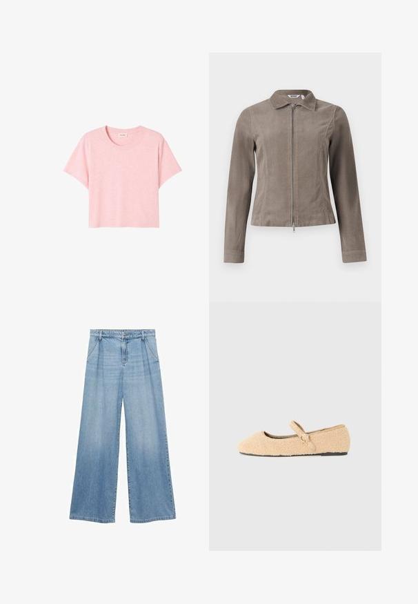 Braune Cordjacke mit Kragen und vorderem Reißverschluss. Verfügt über lange Ärmel und eine taillierte Passform, die eine strukturierte Oberfläche zeigt.; Rosa T-Shirt mit kurzen Ärmeln, aus weichem Stoff gefertigt, mit Rundhalsausschnitt und lockerer Passform sowie einer dezenten melierten Textur.; Hellblaue weit geschnittene Jeans aus Denim, mit hoher Taille, dezenten Falten und einem rohen Saumabschluss an den Bündchen.; Beige, flauschiger Mary Jane-Ballettschuh mit runder Zehenpartie, verstellbarem Riemen mit rundem Schnallenverschluss und schwarzer Sohle auf weißem Hintergrund.