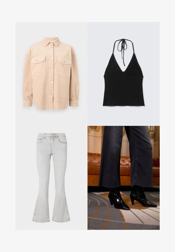 Beige corduroy overhemd met knopen, lange mouwen, twee borstzakken met knoopkleppen en een klassieke kraag.; Zwarte mouwloze halternek cropped top met dunne bandjes die aan de achterkant van de nek zijn gestrikt, op een egale lichte achtergrond.; Lichtgrijze flared jeans met een klassiek vijfzakkenontwerp, slim fit door de dij en een uitlopende pijp bij de enkels.; Zwarte lakleren enkellaarsjes met puntige neus, gedragen met donkere wijdgesneden jeans op een patroon tapijt voor een bruine leren bank.