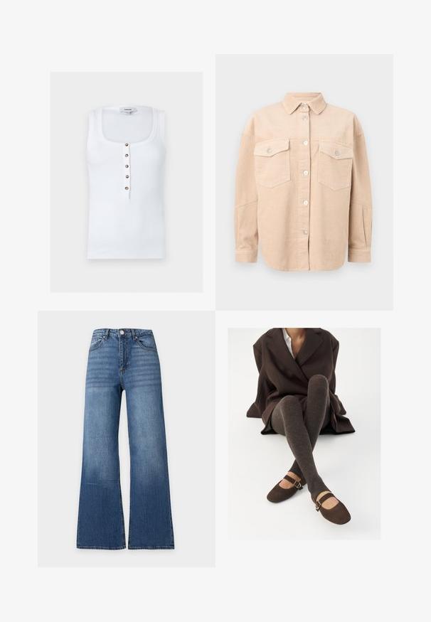 Chemise beige en velours côtelé avec boutons, manches longues, deux poches poitrine à rabats boutonnés et col classique.; Haut sans manches blanc côtelé avec col rond et cinq boutons marron au centre devant, avec une étiquette Topshop.; Jean en denim bleu taille haute avec jambes larges, bouton sur le devant, fermeture éclair et design classique cinq poches sur un fond clair uni.; Des chaussettes marron côtelées jusqu'aux genoux associées à des ballerines en daim marron de type Mary Jane avec une sangle décorative et une boucle, portées avec un manteau sombre.
