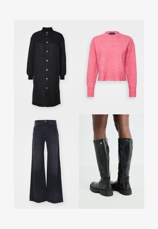 Zwarte gewatteerde lange jas met een rits aan de voorkant, drukknoopsluiting, rib gebreide manchetten, zijzakken en een ruitpatroon textuur.; Roze cropped sweater met een ronde halslijn, lange mouwen, geribde manchetten en zoom, met een licht gestructureerde afwerking. Merklabel zichtbaar.; Zwarte jeans met hoge taille en wijde pijpen, voorzien van knopen aan de voorkant, een rits en vijf zakken.; Zwarte leren kniehoge laarzen met een gladde textuur, ronde neus, stevige zool en ritssluiting. Voorzien van een zilveren logo aan de zijkant.