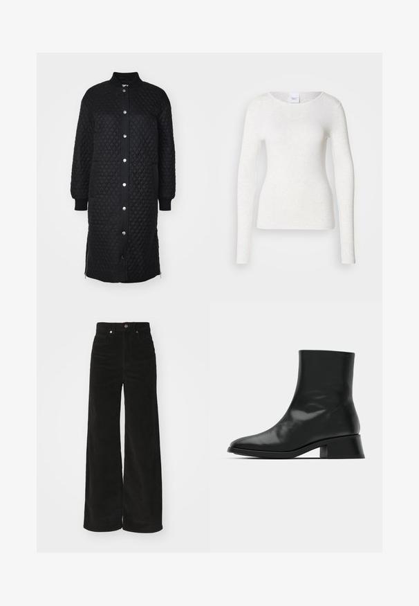 Abrigo largo acolchado negro con cierre de cremallera, botones a presión, puños acanalados, bolsillos laterales y textura de patrón de diamante.; Camiseta blanca de manga larga en un tejido suave y ligero con escote redondo y ajuste slim, con una textura sutil.; Pantalones de pana negros de pierna ancha con una cintura alta, que cuentan con dos bolsillos frontales y un cierre de botón metálico. Tejido texturizado con estrías verticales.; Botín negro de tobillo hecho de cuero brillante, con un diseño elegante, punta afilada y un tacón bloque moderado para mayor estabilidad.