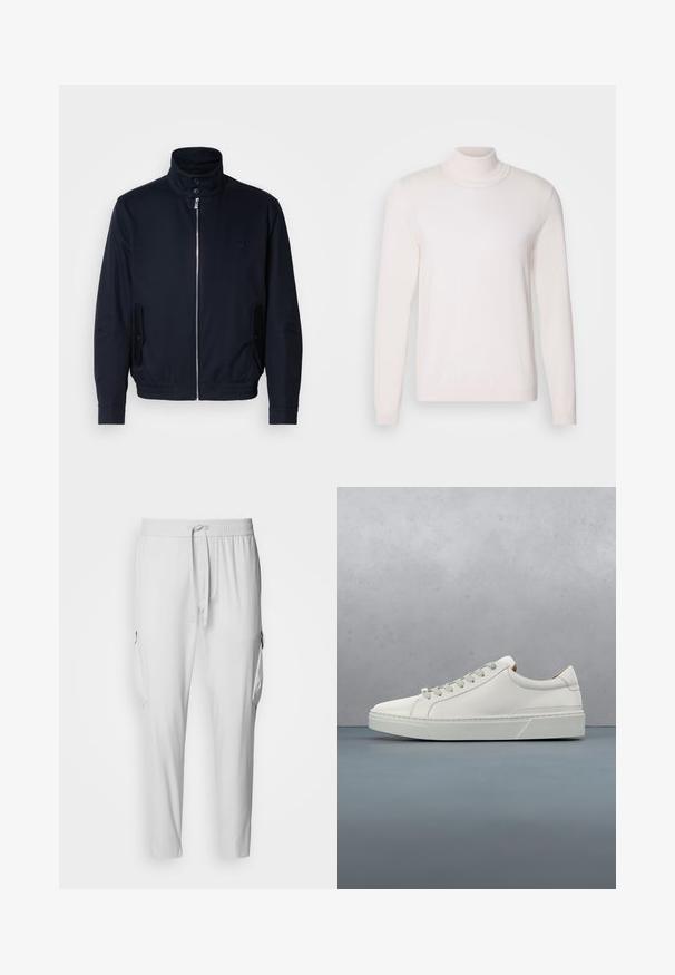 Marineblå jakke med høj krave, frontlynlås, sidelommer og ribstrikkede manchetter. Glat tekstur med en diskret logo detaljer på brystet.; Lyserød rullekravesweater med lange ærmer, blød tekstur, ribbet krave og manchetter, der har et klassisk, tætsiddende design.; BOSS URBANEX - Cargobukser - light pastel grey; Hvid lædersneaker med rund tå, minimalistisk design, grå snørebånd og en tekstureret grå gummisål. Subtile syningsdetaljer er synlige.