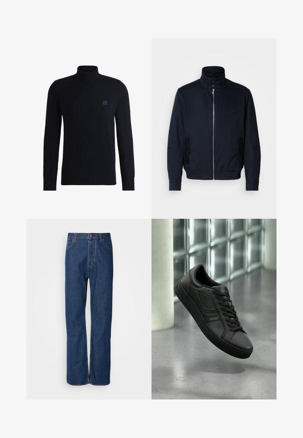 Chaqueta azul marino con un alto cuello, cierre frontal, bolsillos laterales y puños acanalados. Textura suave con un sutil detalle de logo en el pecho.; Suéter de cuello alto en azul marino, confeccionado en suave material de punto, con mangas largas y cuello acanalado. Incluye un parche de logo cuadrado en el pecho.; Jeans de denim azul con un diseño de pierna recta, que cuentan con una bragueta de botones, cinco bolsillos y costuras de contraste a lo largo de las costuras.; Zapatilla deportiva de cuero negro con perfil bajo, con cordones negros, detalles texturizados y suela de goma. Logotipo grabado en el lado exterior.