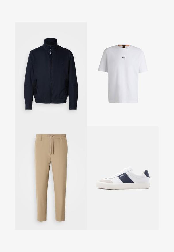 Chaqueta azul marino con un alto cuello, cierre frontal, bolsillos laterales y puños acanalados. Textura suave con un sutil detalle de logo en el pecho.; Camiseta de algodón blanca de manga corta, con un logotipo negro "BOSS" centrado en el pecho y un diseño de cuello redondo.; Pantalones beige con corte cónico, cintura elástica y cordón ajustable. Tejido suave con un diseño limpio y sin patrones ni herrajes visibles.; Zapatilla blanca de corte bajo con raya lateral azul marino, logo "BOSS", puntera beige y suela blanca, mostrada de perfil sobre un fondo claro.