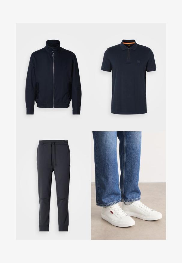 Marineblaue Jacke mit hohem Kragen, Vorderreißverschluss, seitlichen Taschen und gerippten Bündchen. Glatte Textur mit einem dezenten Logodetail auf der Brust.; Marineblaues Polohemd mit Reißverschlusskragen, ausgestattet mit einem kleinen Logopatch auf der Brust und kurzen Ärmeln. Material aus Baumwollmischung mit glatter Textur.; Dunkelgraue Sweatpants mit Kordelzugbund, schmal zulaufenden Beinen und Seitentaschen. Glatte Textur und minimalistische Designdetails.; Weiße Sneakers mit glatter Oberfläche, runder Spitze und flacher Sohle. Ergänzt durch blaue Jeans im geraden Schnitt mit sichtbaren Nähten.