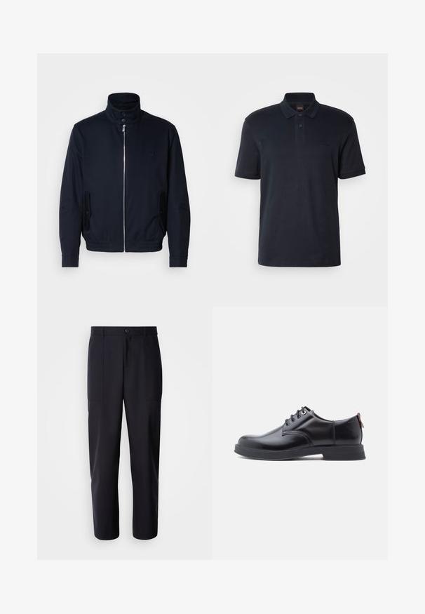 Marineblaue Jacke mit hohem Kragen, Vorderreißverschluss, seitlichen Taschen und gerippten Bündchen. Glatte Textur mit einem dezenten Logodetail auf der Brust.; Navyblaues Poloshirt aus Baumwolle, mit klassischem Kragen, kurzen Ärmeln und einem dezenten Logo auf der Brust. Glatte Textur.; Dunkelblaue Hosen aus glattem Stoff, mit geradem Bein-Design, zwei Seiten Taschen und einem Knopfverschluss an der Taille.; Schwarze Leder-Schnürschuhe mit glatter Textur, rundem Zehenbereich und dezenten Ziernähten. Mit einem roten Laschenband an der Ferse.