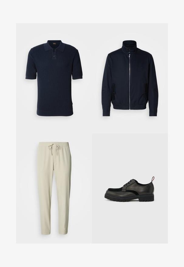 Marineblaue Jacke mit hohem Kragen, Vorderreißverschluss, seitlichen Taschen und gerippten Bündchen. Glatte Textur mit einem dezenten Logodetail auf der Brust.; Dunkelblaues, geripptes Polohemd mit einer Knopfleiste mit zwei Knöpfen, kurzen Ärmeln und einem flachen Kragen. Der Stoff hat eine strukturierte Oberfläche und eine taillierte Silhouette.; Beige konisch zulaufende Hose mit einem elastischen Bund und Kordelzug. Glatter Stoff mit Seitentaschen und einer lockeren Passform, die an den Knöcheln enger wird.; Schwarzer Leder-Schnürschuh mit dicker, profillierter Sohle und rotem Fersenzuglasche, seitlich auf einem hellgrauen Hintergrund dargestellt.