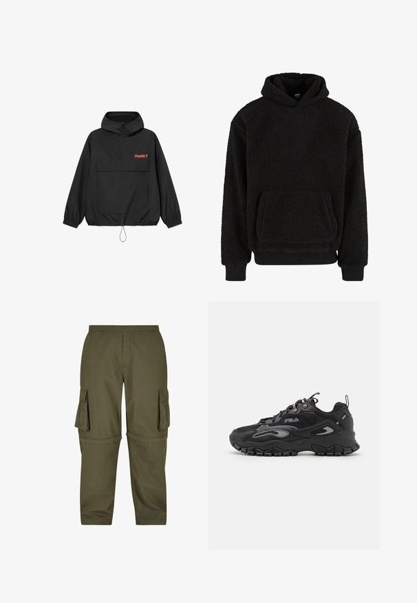Schwarze Windjacke mit Halbreißverschluss, Fronttasche und elastischen Bündchen. Mit orangefarbenem "Double V"-Logo auf der Brust.; Schwarzer Fleece-Hoodie mit strukturiertem Material, Kordelzugkapuze, Kängurutasche und gerippten Bündchen und Saum. Weiches, warmes Material.; Olivgrüne Cargo-Hosen aus leichtem Material, mit mehreren Seitentaschen, einem elastischen Bund und einem geraden Schnitt.; Schwarze Sneaker mit einem Obermaterial aus Mesh und Synthetik, Gummisohle, abgerundeter Zehenpartie und reflektierenden Akzenten an den Seiten und Schnürsenkeln.