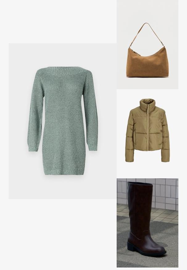 Lysebrun cropped dunjakke med høj krave, vandrette syninger, lange ærmer og front lynlåslukning.; Strikket kjole i lysegrøn med lange ærmer, en bred halsudskæring og struktureret stof. Har en lige pasform og ribbet kant.; Mørkebrun læderstøvle til midt på læggen med rund tå og lav blokhæl, der står på fortov nær flisebelagt væg.; Brun skuldertaske i ruskind med enkelt rem og lynlås øverst, vist mod en ensfarvet hvid baggrund.