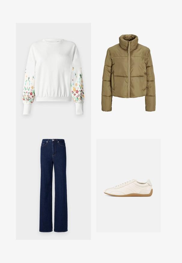 Hellbraune kurze Steppjacke mit hohem Kragen, horizontalen Nähten, langen Ärmeln und Frontreißverschluss.; Weißes Sweatshirt mit rundem Ausschnitt und gerippten Bündchen, das farbenfrohe Blumenstickerei an den Ärmeln in verschiedenen Farbtönen aufweist.; Dunkelblaue Denim-Jeans mit hoher Taille, weitem Bein und klassischem Fünf-Taschen-Design. Abgerundet mit kontrastierenden Nähten und einem Metallknopf.; Weißer Ledersneaker mit glatter Textur, abgerundetem Zehenbereich und tonalen Nähten. Verfügt über eine braune Gummisohle und eine Schnürverschluss.