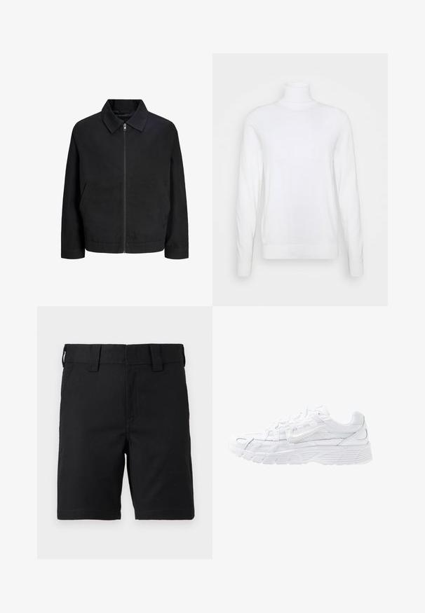 Veste noire zippée avec col, manches longues et poches latérales, présentée sur fond blanc.; Pull à col roulé blanc avec des manches longues, fabriqué en tissu lisse. Présente un design ajusté et des poignets et un ourlet côtelés. Pas de motifs ni d'accents.; Shorts noirs mi-genoux avec passants de ceinture et poches avant, fabriqués en tissu robuste, présentés sur fond blanc.; Nike Sportswear P 6000 UNISEX - Baskets basses - white/platinum tint