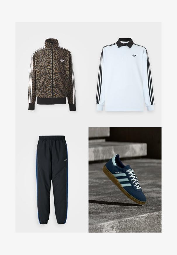 Leopardprint zip-up jas in bruin en zwart, met witte drie-strepen accenten op de mouwen en een zwarte ribgebreide zoom. Klassiek Adidas-logo.; Lichtblauw poloshirt met lange mouwen, een zwarte kraag, drie zwarte strepen op de mouwen, en een klein zwart logo op de borst.; Zwarte sportbroeken met een elastische tailleband, blauwe zijstrepen, ritszakken en taps toelopende manchetten voor een strakke pasvorm. Gemaakt van lichtgewicht materiaal.; Blauwe Adidas Spezial sneaker met witte strepen en veters, gumzool, zwevend boven een ruwe betonnen oppervlakte en trappen op de achtergrond.