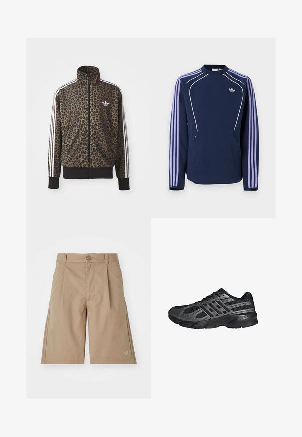 Leopardenmuster Zip-Jacke in Braun und Schwarz, mit weißen drei Streifen Akzenten an den Ärmeln und einem schwarzen gerippten Saum. Klassisches Adidas-Logo.; Dunkelblaue Adidas Langarm-Sweatshirt mit lavendelfarbenen drei Streifen an den Ärmeln, weißem Paspel auf der Vorderseite und Adidas-Trefoil-Logo auf der Brust.; Beige Baumwollshorts mit geradem Schnitt, vorderen Falten und einem einzigen Knopfverschluss. Mit einem dezenten Logo auf der unteren linken Seite.; Schwarze Sportschuhe aus Netz- und synthetischem Material, mit einer strukturierten Oberfläche, mehreren grauen Streifen und einem gepolsterten Schaft.