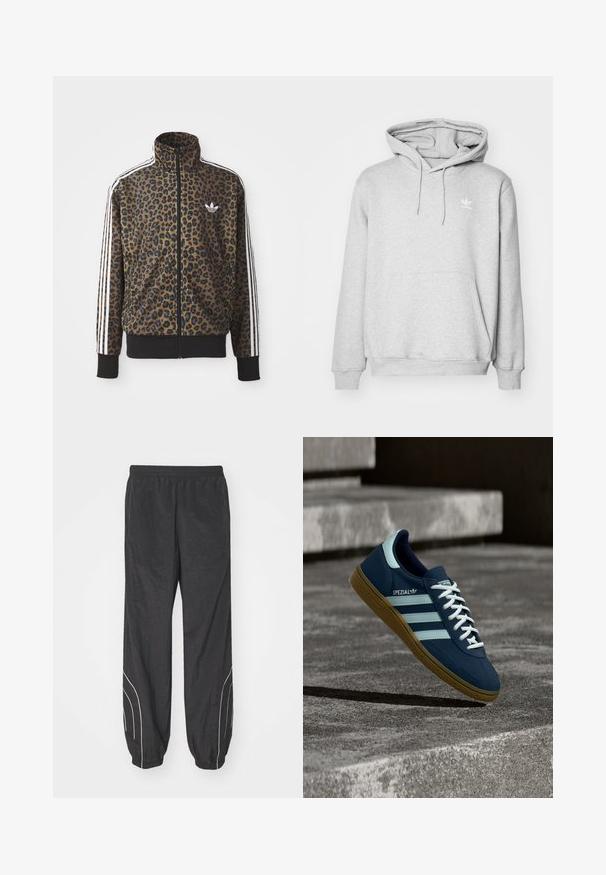 Leopardimustriga lukuga jakke pruunis ja mustas, millel on valged kolmetriibulised aktsendid varrukatel ja must ribakangast äär. Klassikaline Adidas logo.; Hall gray kapuutsiga, millel on känguru tasku, reguleeritav paela kapuuts ja väike valge logo rinnal. Valmistatud pehmest, tekstureeritud materjalist.; Mustad must windbreaker püksid, millel on elastne vöökoht, kitsenevad sääred ja valged küljeaksendid. Valmistatud kergest, tekstureeritud kangast.; Sinine Adidas Spezial tennisk, valgete triipude ja paeltega, kummist tallaga, hõljub kareda betoonpinna ja sammude kohal taustal.