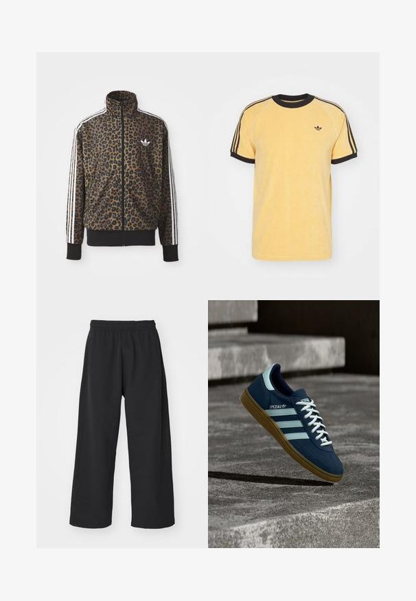 Kapsička s leopardím vzorom so zipsom v hnedej a čiernej farbe, s bielymi tromi pásikmi na rukávoch a čiernym rebrovaným lemom. Klasické logo Adidas.; adidas Originals CALI TEE - Tričko s potlačou - oat; adidas Originals Tepláky - black; Modré tenisky Adidas Spezial s bielymi pruhmi a šnúrkami, gumovou podrážkou, plávajúce nad drsným betónovým povrchom a schodmi v pozadí.