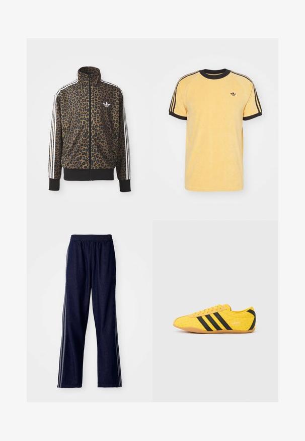 Kapsička s leopardím vzorom so zipsom v hnedej a čiernej farbe, s bielymi tromi pásikmi na rukávoch a čiernym rebrovaným lemom. Klasické logo Adidas.; adidas Originals CALI TEE - Tričko s potlačou - oat; Námornícke modré športové nohavice s elastickým pásom, s tromi bielymi bočnými pruhmi a rovným strihom. Mäkká denimová textúra.; Žltá športová obuv s textúrovaným zvrškom, s čiernymi pruhmi a logom. Zaoblená špička, mäkká podrážka a vzor v tvare cik-cak na materiáli.