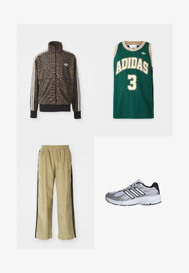 Kapsička s leopardím vzorom so zipsom v hnedej a čiernej farbe, s bielymi tromi pásikmi na rukávoch a čiernym rebrovaným lemom. Klasické logo Adidas.; Zelený bezrukávový basketbalový dres Adidas s béžovým lemom, logom Adidas a číslom 3 vpredu.; Bežové kordové nohavice s elastickým pásom, s čiernymi bočnými pruhmi. Tkanina má ryhovanú textúru, na spodnej strane sú mierne rozšírené.; Mriežkovaná športová obuv v bielej a striebornej farbe, s čiernymi detailmi, logom troch bielych pruhov, polstrovaným golierom a textúrovanou gumovou podrážkou.