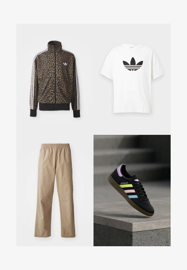 Kapsička s leopardím vzorom so zipsom v hnedej a čiernej farbe, s bielymi tromi pásikmi na rukávoch a čiernym rebrovaným lemom. Klasické logo Adidas.; Biela bavlnená tričko s veľkým čiernym logom Adidas trefoil a tromi horizontálnymi pruhmi pod ním. Krátke rukávy, okrúhly výstrih.; Béžové ľahké nohavice s elastickým pásom, rovnými nohavicami a bočnými vreckami. Hladká textúra s jemnými švami.; Čierna teniska Adidas Spezial s pastelovo žltými, ružovými a modrými pruhmi, levanduľovým jazýčkom na päte a hnedou podrážkou, vznášajúca sa nad betónovou hranou.