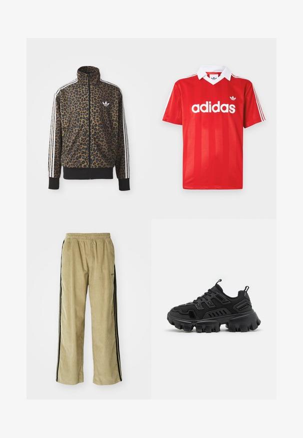 Leopardimustriga lukuga jakke pruunis ja mustas, millel on valged kolmetriibulised aktsendid varrukatel ja must ribakangast äär. Klassikaline Adidas logo.; Punane Adidas spordisärk valge krae, kolme valge triibuga varrukatel ja Adidas logo rinnal keskel.; Beige korduroy püksid elastse vöökohtaga, mustade külgtriipudega. Kanga pind on sooniline ja allosas kergelt laienev.; Mustvalgeline musta jooksujalanõud, millel on tekstuuriga kummist tald, kihilised disainielemendid ja tugevdused. Varustatud nööride ja kandmistaotlusega kannal.