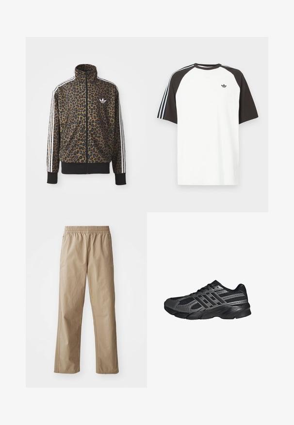 Kapsička s leopardím vzorom so zipsom v hnedej a čiernej farbe, s bielymi tromi pásikmi na rukávoch a čiernym rebrovaným lemom. Klasické logo Adidas.; Biele tričko s čiernymi raglánovými rukávmi, doplnené modrými pruhovanými akcentmi na ramenách a malým čiernym logom na hrudi.; Béžové ľahké nohavice s elastickým pásom, rovnými nohavicami a bočnými vreckami. Hladká textúra s jemnými švami.; Čierne športové topánky vyrobené z pletiva a syntetických materiálov, s textúrovaným povrchom, viacerými šedými pruhmi a polstrovaným golierom.