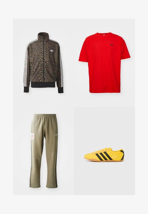 Kapsička s leopardím vzorom so zipsom v hnedej a čiernej farbe, s bielymi tromi pásikmi na rukávoch a čiernym rebrovaným lemom. Klasické logo Adidas.; Červené bavlnené tričko s krátkymi rukávmi a okrúhlym výstrihom. Obsahuje malé čierne logo na ľavej hrudi a rovný lem.; Olivové tepláky so širokým elastickým pásom, bočnými vreckami, čiernymi bočnými prúžkami a logom na stehne.; Žltá športová obuv s textúrovaným zvrškom, s čiernymi pruhmi a logom. Zaoblená špička, mäkká podrážka a vzor v tvare cik-cak na materiáli.