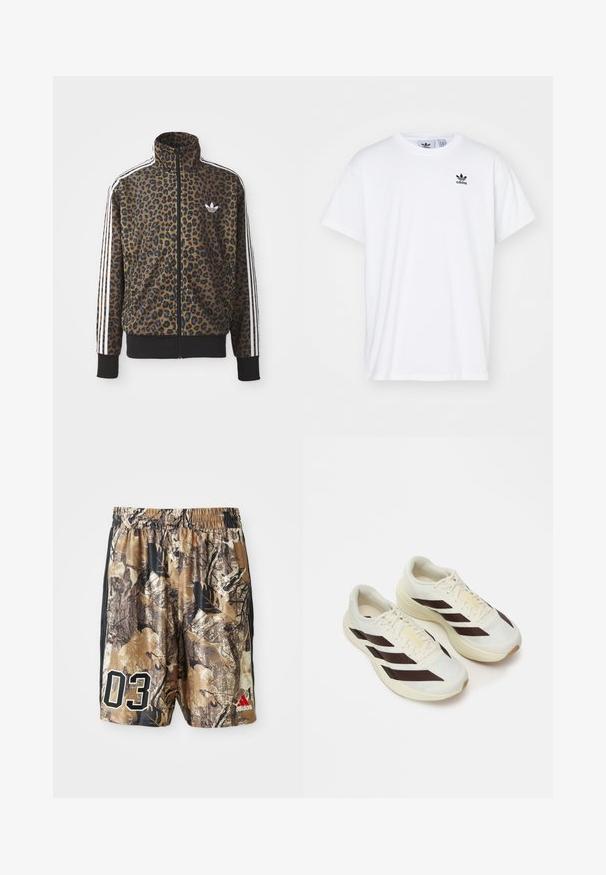 Chaqueta con estampado de leopardo en marrón y negro, con acentos en blanco de tres rayas en las mangas y un dobladillo acanalado negro. Logo clásico de Adidas.; Camiseta blanca de algodón con mangas cortas, escote redondo y un logo negro de Adidas con tres franjas en la zona del lado izquierdo del pecho.; Shorts de camuflaje con una cinturilla elástica, que presentan una mezcla de marrones y negros, un gran "03" en blanco y un logo de Adidas en rojo.; Zapatillas de running de color crema claro con rayas diagonales marrón oscuro, parte superior de malla texturizada y suela acolchada. Presentan el logo amarillo "ADIZERO".