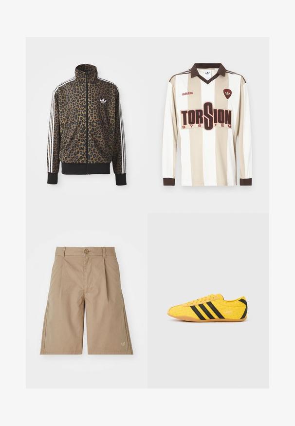 Brun og sort leopardprint zip-up jakke med hvide tre-stribede detaljer på ærmerne og en sort ribkant. Klassisk Adidas-logo.; Langærmet beige og hvidstribet fodboldtrøje; har brun krave og ærmekanter, stort rødt "TORSION SYSTEM" logo og adidas-mærkning.; Beige bomulds shorts med lige snit, frontfald og en enkelt knaplukning. Har et diskret logo på den nederste venstre side.; Gul atletiksko med en tekstureret overdel, der har sorte striber og logo. Rundt tå, blød sål og zigzag-mønster på materialet.