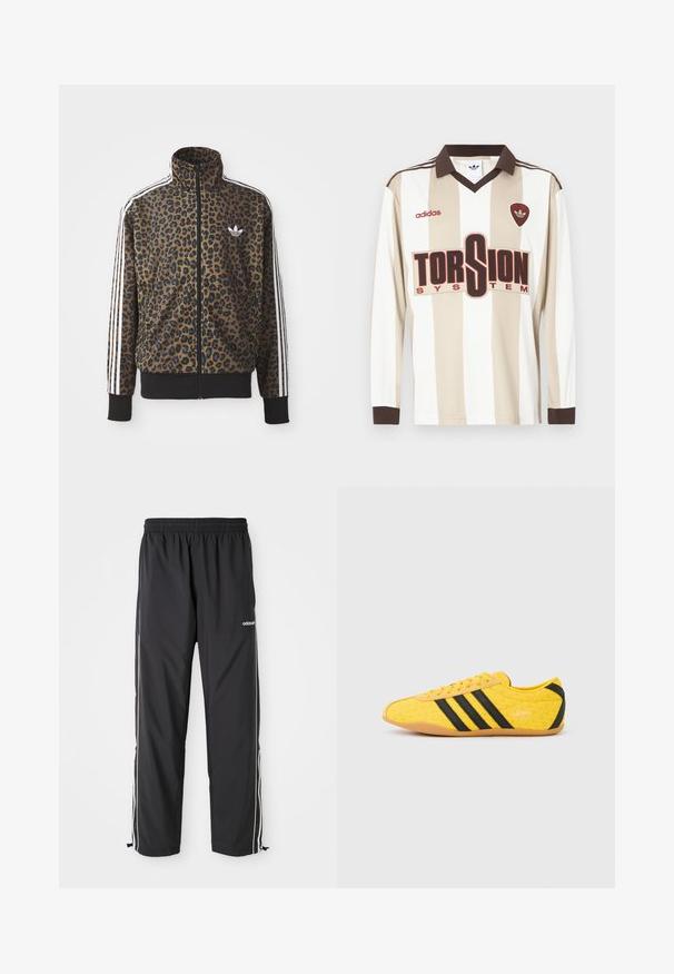 Kapsička s leopardím vzorom so zipsom v hnedej a čiernej farbe, s bielymi tromi pásikmi na rukávoch a čiernym rebrovaným lemom. Klasické logo Adidas.; Futbalový dres s dlhým rukávom v béžovej a bielej pruhovanej farbe; má hnedý golier a manžety, veľké červené logo "TORSION SYSTEM" a branding adidas.; Čierne športové nohavice vyrobené z ľahkej látky, s bielymi bočnými pásmi, elastickým pásom a nastaviteľnými členkovými manžetami.; Žltá športová obuv s textúrovaným zvrškom, s čiernymi pruhmi a logom. Zaoblená špička, mäkká podrážka a vzor v tvare cik-cak na materiáli.