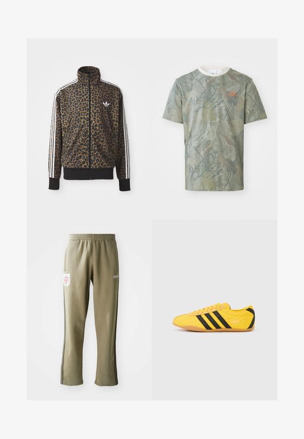 Leopardenmuster Zip-Jacke in Braun und Schwarz, mit weißen drei Streifen Akzenten an den Ärmeln und einem schwarzen gerippten Saum. Klassisches Adidas-Logo.; Grünes T-Shirt mit Camouflage-Muster, kurzen Ärmeln, Rundhalsausschnitt und einem orangefarbenen Logo auf der linken Brust. Hergestellt aus leichtem Stoff.; Olivgrüne Jogginghosen mit einem elastischen Bund, Seitentaschen, schwarzen seitlichen Streifen und einem Logo-Patch am Oberschenkel.; Gelber Sportschuh mit strukturiertem Obermaterial, verziert mit schwarzen Streifen und Logo. Abgerundete Spitze, weiche Sohle und Zickzackmuster auf dem Material.