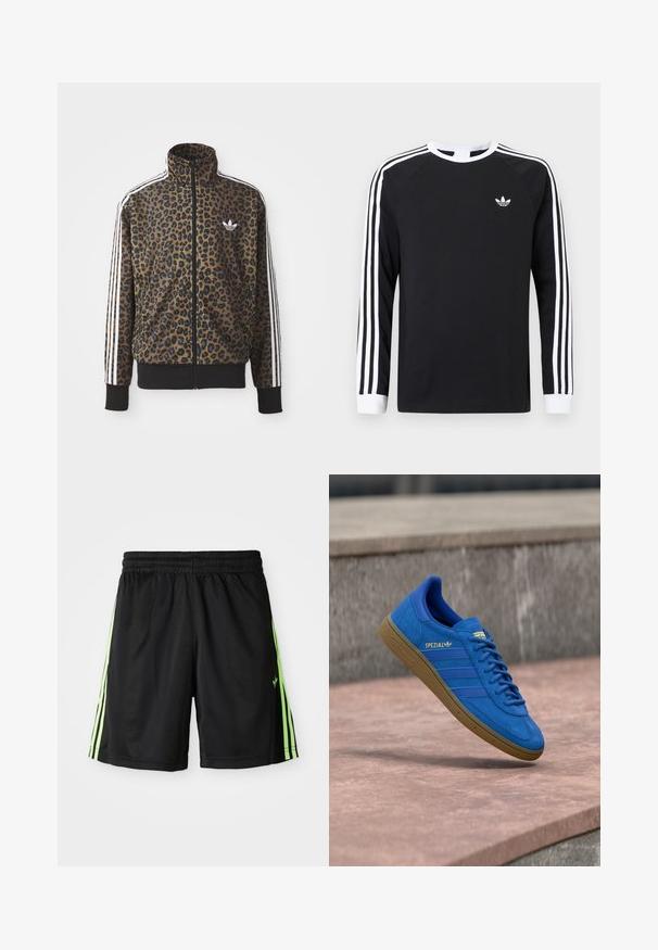 Kapsička s leopardím vzorom so zipsom v hnedej a čiernej farbe, s bielymi tromi pásikmi na rukávoch a čiernym rebrovaným lemom. Klasické logo Adidas.; Čierne tričko s dlhým rukávom a bielym trojpásovým dizajnom na rukávoch. Má okrúhly výstrih a malý biely logo na hrudi.; Čierne športové šortky s elastickým pásom, pričom na každej strane sú dve vertikálne neonové zelené pruhy a na prednej ľavej strane je malá značka.; Modrá teniska Adidas Spezial s gumovou podrážkou, šnúrky zviazané, zavesená nad hladkým kamenným povrchom blízko sivej betónovej steny.