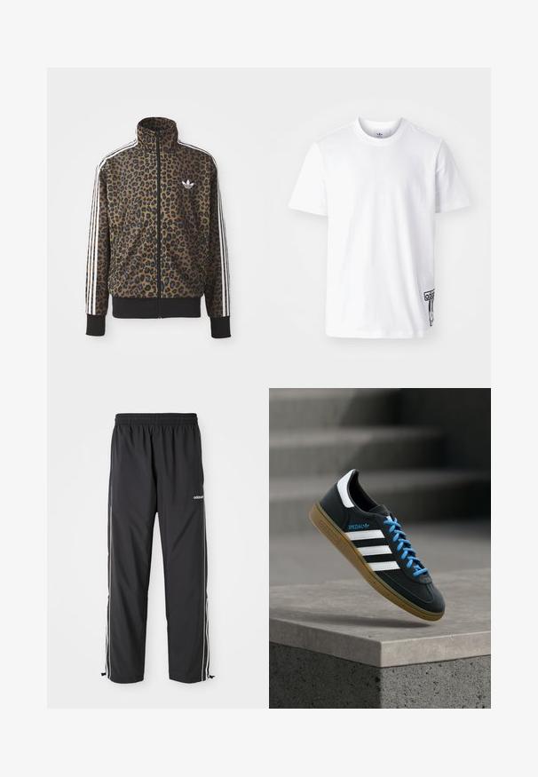 Leopardenmuster Zip-Jacke in Braun und Schwarz, mit weißen drei Streifen Akzenten an den Ärmeln und einem schwarzen gerippten Saum. Klassisches Adidas-Logo.; Weißes Baumwoll-T-Shirt mit kurzen Ärmeln, Rundhalsausschnitt und einem schwarzen Adidas-Logo-Patch auf der unteren linken Seite. Glatte Textur.; Schwarze Sporthose aus leichtem Material, mit weißen Seitenstreifen, einem elastischen Bund und verstellbaren Knöchelbündchen.; Schwarzer Adidas-Sneaker mit weißen Streifen, blauen Schnürsenkeln und Gummisohle, der über einer grauen Betontreppe im weichen Licht schwebt.