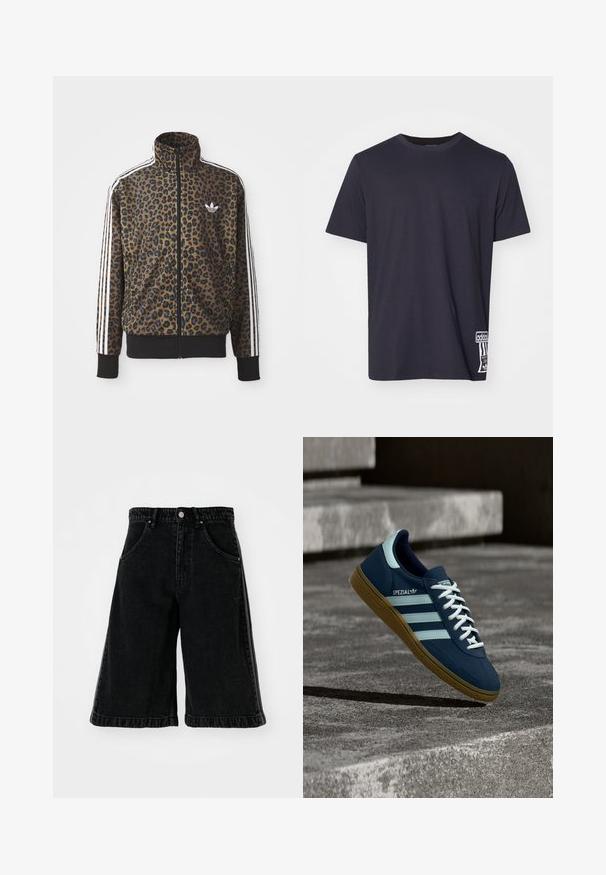 Brun og sort leopardprint zip-up jakke med hvide tre-stribede detaljer på ærmerne og en sort ribkant. Klassisk Adidas-logo.; Sort bomulds-t-shirt med rund hals, korte ærmer og et hvidt logo-patch på den nederste side. Glat tekstur, normal pasform.; Sorte denimshorts med bred ben-design, der har høj talje, bæltestropper og forlommer. Minimalistisk syninger og hardware detaljer.; Blå Adidas Spezial sneaker med hvide striber og snørebånd, gummisål, svævende over en ru betongoverflade og trin i baggrunden.