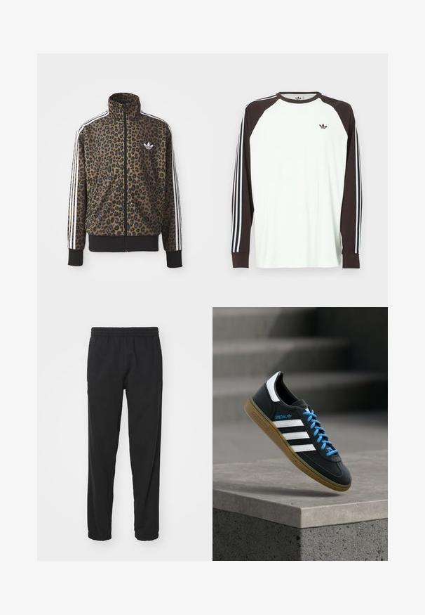 Ruskean ja mustan leopardiprintin vetoketjullinen takki, jossa on valkoiset kolme viiru-aksenttia hihoissa ja musta ribattua helmaa. Klassinen Adidas-logo.; Valkoinen pitkähihainen paita, jossa on ruskeat raglan-hihat. Hihoissa sinivalkoiset raidalliset yksityiskohdat ja rinnassa pieni logo.; Musta kevyet juoksuhousut, joissa on joustava vyötärö, kapenevat lahkeet, kerätyt hihnat ja sivutaskut käytännöllisyyden lisäämiseksi.; Musta Adidas-tennari valkoisilla raidoilla, sinisillä nauhoilla ja kumipohjalla kelluu pehmeässä valossa harmaan betonisen portaan yllä.
