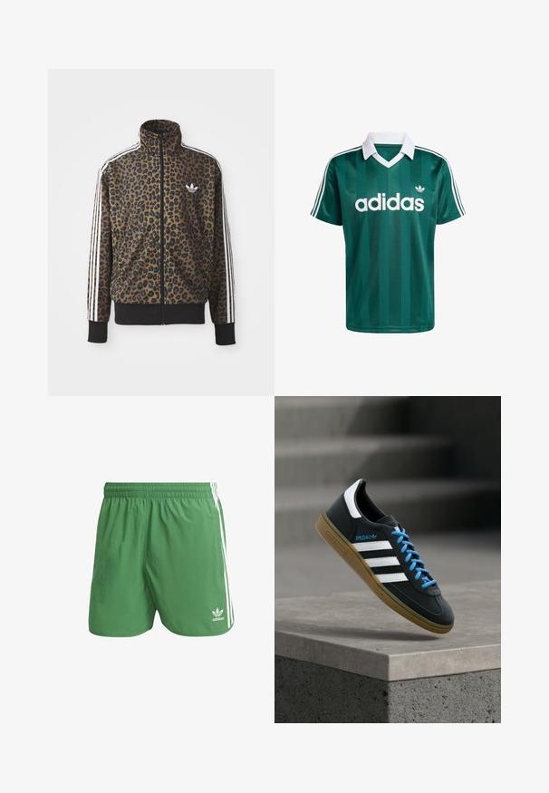 Leopardenmuster Zip-Jacke in Braun und Schwarz, mit weißen drei Streifen Akzenten an den Ärmeln und einem schwarzen gerippten Saum. Klassisches Adidas-Logo.; Grünes Adidas-Trikot mit weißen Streifen, weißem Kragen und drei weißen Schulterstreifen. Auffälliges weißes Logo auf der Vorderseite.; Grüne Sportshorts aus leichtem Material, mit weißen Seitenstreifen und einem Adidas-Logo am linken Saum. Elastischer Bund.; Schwarzer Adidas-Sneaker mit weißen Streifen, blauen Schnürsenkeln und Gummisohle, der über einer grauen Betontreppe im weichen Licht schwebt.