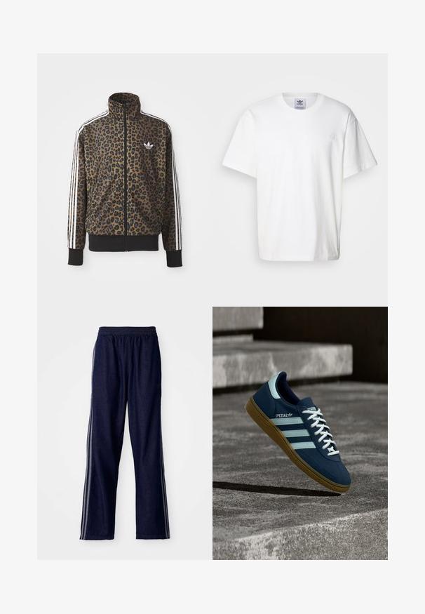 Chaqueta con estampado de leopardo en marrón y negro, con acentos en blanco de tres rayas en las mangas y un dobladillo acanalado negro. Logo clásico de Adidas.; Camiseta de algodón blanca con cuello redondo y mangas cortas. Presenta un pequeño logotipo bordado en el pecho. Diseño simple y clásico.; Pantalones deportivos azul marino con cintura elástica, que presentan tres franjas laterales blancas y un diseño de pierna recta. Textura de mezclilla suave.; Zapatilla azul Adidas Spezial con rayas y cordones blancos, suela de goma, flotando sobre una superficie de hormigón rugosa y escaleras de fondo.