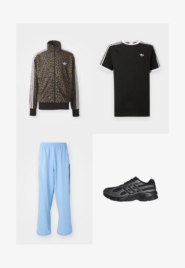 Kapsička s leopardím vzorom so zipsom v hnedej a čiernej farbe, s bielymi tromi pásikmi na rukávoch a čiernym rebrovaným lemom. Klasické logo Adidas.; Čierne tričko vyrobené z bavlny s bielymi akcentmi. Má krátke rukávy, raglánový strih a malé logo na hrudi. Tri biele pruhy na pleciach.; Svetlo modré športové nohavice vyrobené z hladkej látky, s elastickým pásom a kontrastnými čiernymi bočnými pruhmi.; Čierne športové topánky vyrobené z pletiva a syntetických materiálov, s textúrovaným povrchom, viacerými šedými pruhmi a polstrovaným golierom.