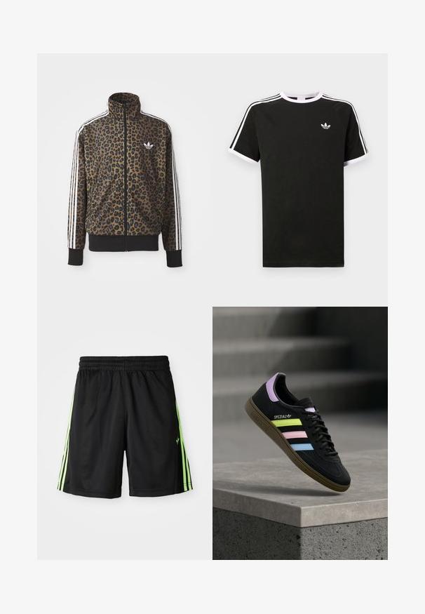 Leopardimustriga lukuga jakke pruunis ja mustas, millel on valged kolmetriibulised aktsendid varrukatel ja must ribakangast äär. Klassikaline Adidas logo.; Must mustvalge T-särk, millel on valged detailid. Lühikesed varrukad, raglani disain ja väike logo rinnal. Õlgadel kolm valget triipu.; Mustad mustad lühikesed püksid elastse vöökohaga, millel on iga külje peal kaks vertikaalset neoonrohelist triipu ja ees vasakul väike logo.; Must Adidas Spezial toss sinised, roosad ja kollased pastelltriipud, lavendlivärvilise kannaosaga ja pruun tallaga, hõljumas betoonserva kohal.