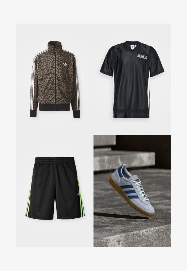 Leopardenmuster Zip-Jacke in Braun und Schwarz, mit weißen drei Streifen Akzenten an den Ärmeln und einem schwarzen gerippten Saum. Klassisches Adidas-Logo.; Schwarzes Sporttrikot aus glänzendem, glattem Stoff mit V-Ausschnitt, versehen mit weißen Seitenstreifen und einem Adidas-Logo auf der Brust.; Schwarze Sportshorts mit elastischem Bund, ausgestattet mit zwei vertikalen neongrünen Streifen auf jeder Seite und einem kleinen Logo auf der linken Vorderseite.; Hellblauer Adidas Spezial Sneaker mit dunkelblauen Streifen und Gummisohle, in der Luft über Betontreppen in neutralem Außenbereich gezeigt.
