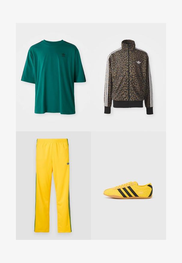 Kapsička s leopardím vzorom so zipsom v hnedej a čiernej farbe, s bielymi tromi pásikmi na rukávoch a čiernym rebrovaným lemom. Klasické logo Adidas.; Teal bavlnené tričko s krátkymi rukávmi, okrúhlym výstrihom a čiernymi bočnými pruhmi. Má malé čierne logo na hrudi.; Žlté športové nohavice s elastickým pásom, s zelenými bočnými pruhmi a malým modrým logom na ľavom stehne. Hladký textilný materiál.; Žltá športová obuv s textúrovaným zvrškom, s čiernymi pruhmi a logom. Zaoblená špička, mäkká podrážka a vzor v tvare cik-cak na materiáli.