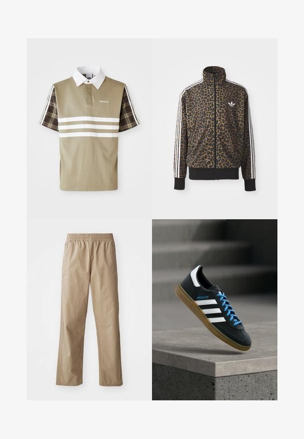 Leopardimustriga lukuga jakke pruunis ja mustas, millel on valged kolmetriibulised aktsendid varrukatel ja must ribakangast äär. Klassikaline Adidas logo.; Olive rohelises polo särk, millel on valged triibud ja lühi varrukatel ruuduline muster. Omab valget kraed ja logo rinnal.; Beežid, kerged püksid elastse vöökohaga, sirgete säärte ja küljetaskutega. Sile tekstuur peente õmblusedetailidega.; Must Adidas toss valgete triibu, siniste paelte ja kummist tallaga, hõljuv pehme valgusega halli betoonastme kohal.