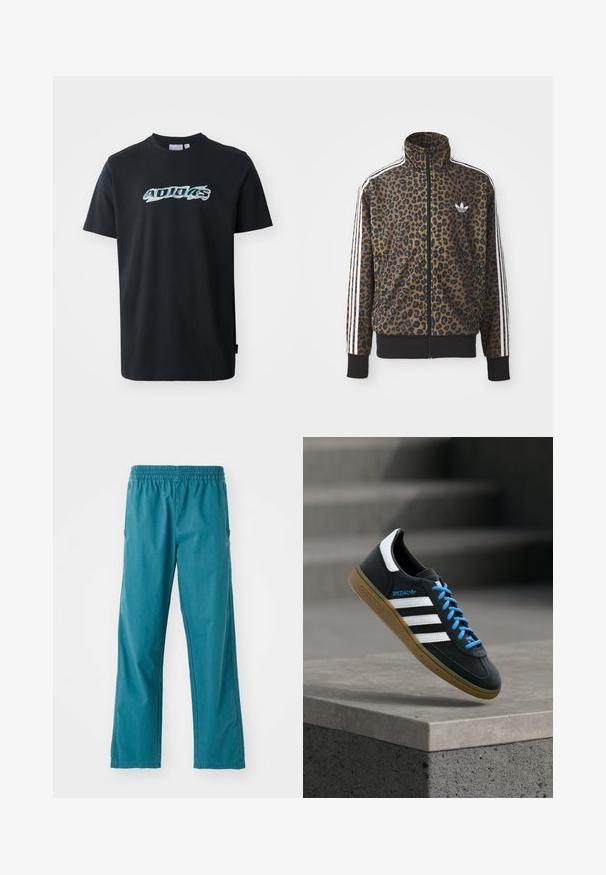Leopardimustriga lukuga jakke pruunis ja mustas, millel on valged kolmetriibulised aktsendid varrukatel ja must ribakangast äär. Klassikaline Adidas logo.; Mustad puuvillane T-särk lühikeste varrukatega, millel on esiküljel läikiv, mitmevärviline "ADIDAS" logo. Klassikaline ümmargune kaelus.; Teal värvi kerged püksid, millel on elastne vöökoht ja sirge lõige koos küljetaskutega.; Must Adidas toss valgete triibu, siniste paelte ja kummist tallaga, hõljuv pehme valgusega halli betoonastme kohal.