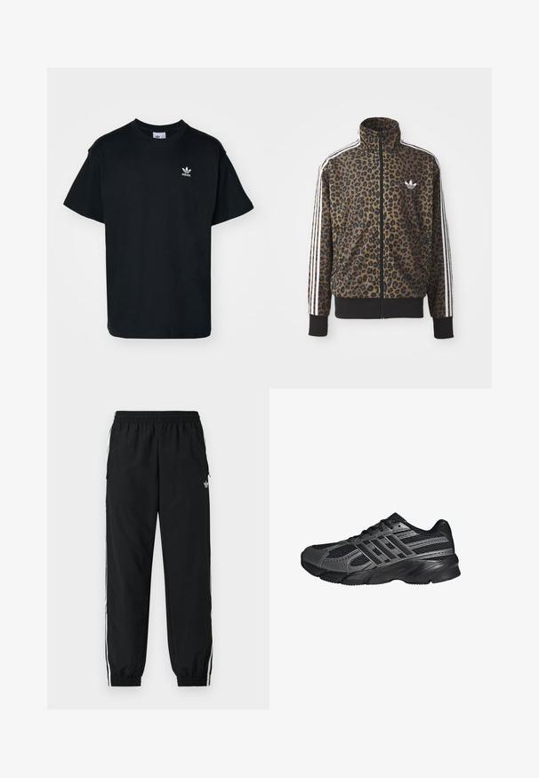Leopardenmuster Zip-Jacke in Braun und Schwarz, mit weißen drei Streifen Akzenten an den Ärmeln und einem schwarzen gerippten Saum. Klassisches Adidas-Logo.; Schwarzes Baumwoll-T-Shirt mit Rundhalsausschnitt und kurzen Ärmeln, das ein kleines weißes Adidas-Logo auf der linken Brustseite trägt.; Schwarze Sporthose mit elastischem Bund und gerafften Bündchen. Verfügt über weiße Seitenstreifen und ein kleines Logo vorne links.; Schwarze Sportschuhe aus Netz- und synthetischem Material, mit einer strukturierten Oberfläche, mehreren grauen Streifen und einem gepolsterten Schaft.