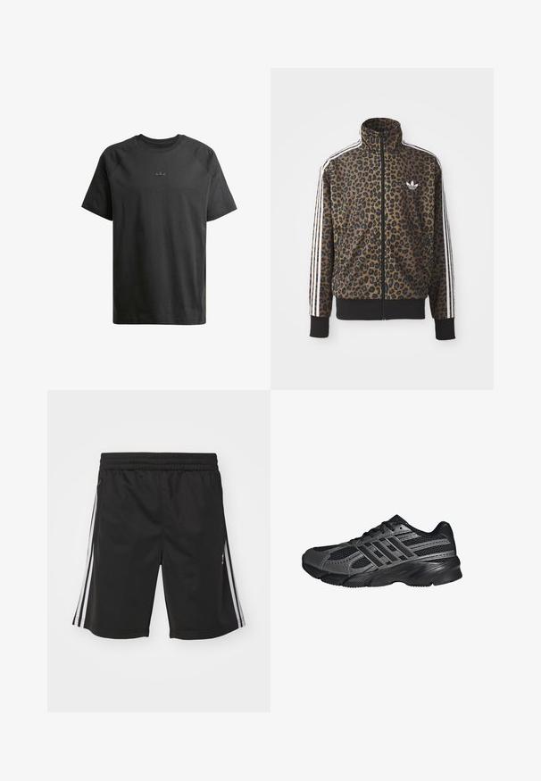 Kapsička s leopardím vzorom so zipsom v hnedej a čiernej farbe, s bielymi tromi pásikmi na rukávoch a čiernym rebrovaným lemom. Klasické logo Adidas.; Čierne bavlnené tričko s krátkymi raglánovými rukávmi, s jemne embosovaným logom na hrudi a hladkou textúrou po celom povrchu.; Čierne športové šortky s elastickým pásom, so vzorom bielych pruhov po stranách a hladkou textúrou tkaniny. Bez ďalších ozdôb.; Čierne športové topánky vyrobené z pletiva a syntetických materiálov, s textúrovaným povrchom, viacerými šedými pruhmi a polstrovaným golierom.