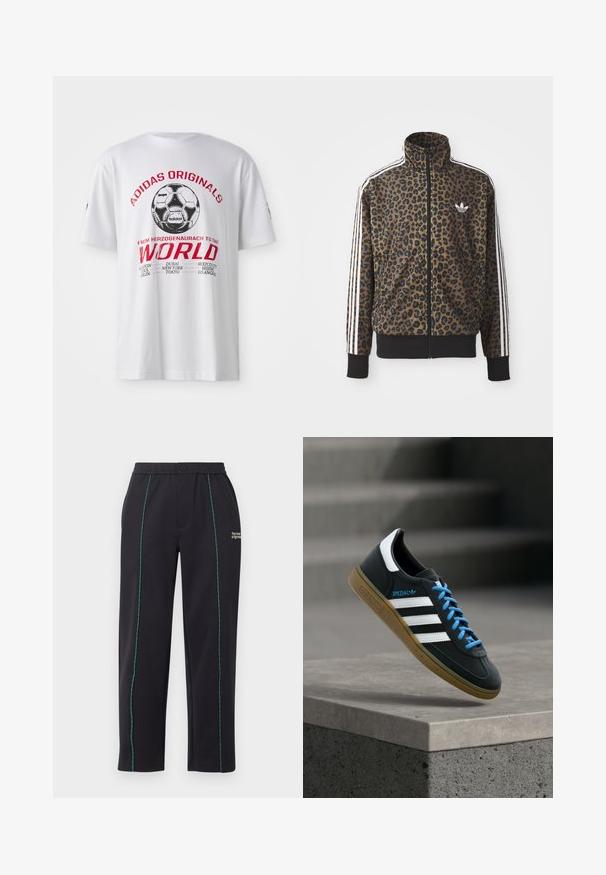 Leopardimustriga lukuga jakke pruunis ja mustas, millel on valged kolmetriibulised aktsendid varrukatel ja must ribakangast äär. Klassikaline Adidas logo.; Valge puuvillane T-särk, millel on trükitud must ja punane graafika jalgpallest ja linnade nimedest. Lühikesed varrukad, ümar kaelus.; Mustad elastse vöökohaga püksid siniste vertikaalõmblustega ja väikese valge "the new originals" tekstiga parema ülejala ülaosas.; Must Adidas toss valgete triibu, siniste paelte ja kummist tallaga, hõljuv pehme valgusega halli betoonastme kohal.