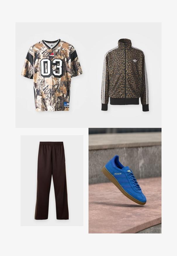 Kapsička s leopardím vzorom so zipsom v hnedej a čiernej farbe, s bielymi tromi pásikmi na rukávoch a čiernym rebrovaným lemom. Klasické logo Adidas.; Džersej s krátkym rukávom v maskáčovom vzore v odtieňoch pieskovej, hnedej a čiernej farby, s okrúhlym výstrihom, silnou textúrou a veľkým vytlačeným číslom "03."; Tmavohnedé široké nohavice s elastickým pásom a jemnými svetlohnedými bočnými pruhmi, zobrazené na jednoliatom bielom pozadí.; Modrá teniska Adidas Spezial s gumovou podrážkou, šnúrky zviazané, zavesená nad hladkým kamenným povrchom blízko sivej betónovej steny.