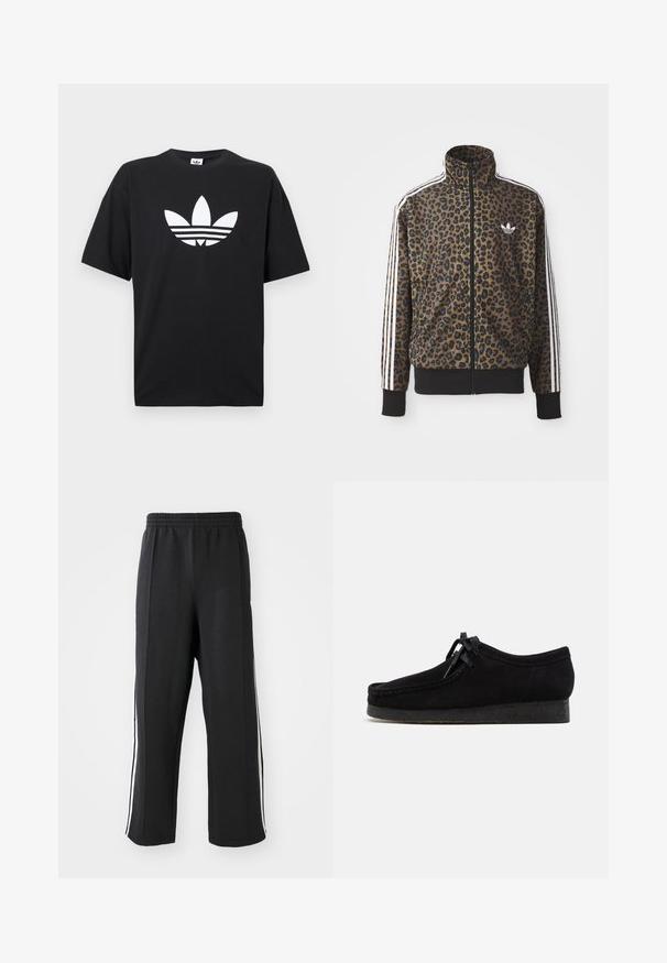 Brun og sort leopardprint zip-up jakke med hvide tre-stribede detaljer på ærmerne og en sort ribkant. Klassisk Adidas-logo.; Sort bomulds T-shirt med korte ærmer, der har et stort hvidt Adidas-logo og tre vandrette striber i bunden. Klassisk rund halsdesign.; Sorte sweatpants med elastisk talje, der har hvide sidelister og en afslappet pasform. Lavet af blødt, strækbart stof.; Sorte ruskindsko med rund tådesign, snørebånd foran og en struktureret sort gummisål. Glat overflade med diskret syningsdetalje.