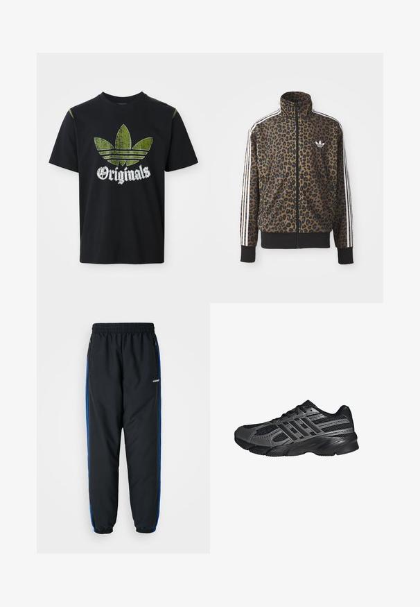 Kapsička s leopardím vzorom so zipsom v hnedej a čiernej farbe, s bielymi tromi pásikmi na rukávoch a čiernym rebrovaným lemom. Klasické logo Adidas.; Čierne bavlnené tričko s roztrhnutým zeleným grafickým dizajnom so tromi pruhmi a slovom "Originals" pod ním v bielej farbe, okrúhly výstrih, krátke rukávy.; Čierne športové nohavice s elastickým pásom, modrými bočnými pruhmi, vreckami na zips a zúženými manžetami pre tesný strih. Vyrobené z ľahkého materiálu.; Čierne športové topánky vyrobené z pletiva a syntetických materiálov, s textúrovaným povrchom, viacerými šedými pruhmi a polstrovaným golierom.