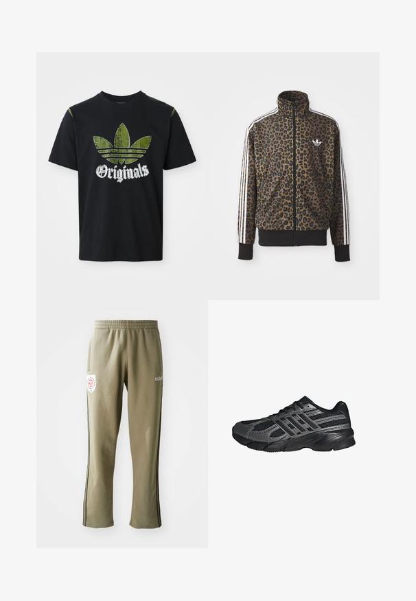 Kapsička s leopardím vzorom so zipsom v hnedej a čiernej farbe, s bielymi tromi pásikmi na rukávoch a čiernym rebrovaným lemom. Klasické logo Adidas.; Čierne bavlnené tričko s roztrhnutým zeleným grafickým dizajnom so tromi pruhmi a slovom "Originals" pod ním v bielej farbe, okrúhly výstrih, krátke rukávy.; Olivové tepláky so širokým elastickým pásom, bočnými vreckami, čiernymi bočnými prúžkami a logom na stehne.; Čierne športové topánky vyrobené z pletiva a syntetických materiálov, s textúrovaným povrchom, viacerými šedými pruhmi a polstrovaným golierom.