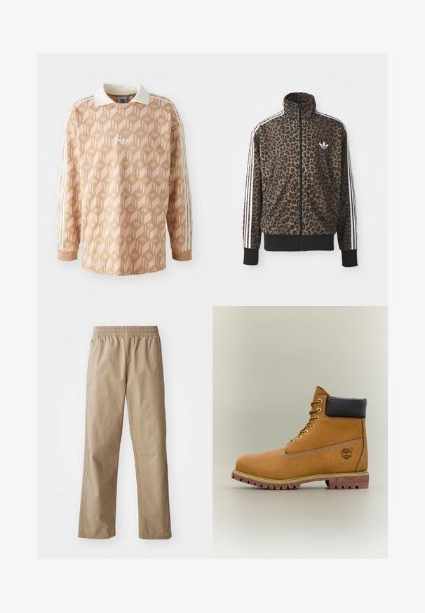 Kapsička s leopardím vzorom so zipsom v hnedej a čiernej farbe, s bielymi tromi pásikmi na rukávoch a čiernym rebrovaným lemom. Klasické logo Adidas.; Dlhý rukáv košele v svetlo broskyňovej farbe s geometrickým vzorom. Obsahuje biely golier a tri krémové pruhy na každom rukáve.; Béžové ľahké nohavice s elastickým pásom, rovnými nohavicami a bočnými vreckami. Hladká textúra s jemnými švami.; Hnedá kožená členková členková obuv s čiernym golierom, žltými šnúrkami a béžovou podrážkou. Má logo a biele prešívanie. Hrubá podrážka s dobrým záberom.