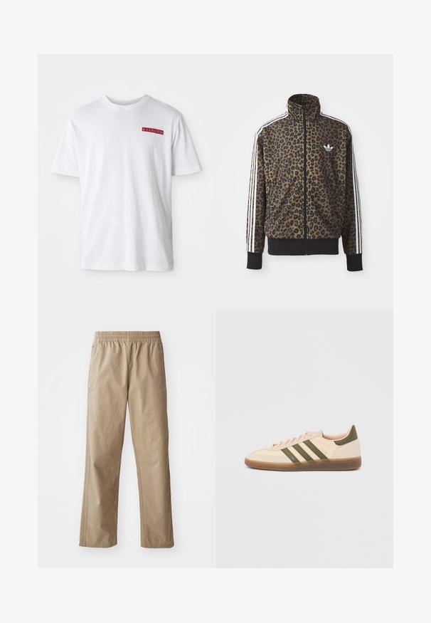 Leopardimustriga lukuga jakke pruunis ja mustas, millel on valged kolmetriibulised aktsendid varrukatel ja must ribakangast äär. Klassikaline Adidas logo.; Valge puuvillane T-särk, millel on ümmargune kaelus, lühikesed varrukad ja väike punane graafika detail vasakul rinnapiiril.; Beežid, kerged püksid elastse vöökohaga, sirgete säärte ja küljetaskutega. Sile tekstuur peente õmblusedetailidega.; Madalprofiilne beež Adidas Spezial toss rohelist värvi triipude, kummist tallaga ja "SPEZIAL" brändinguga küljel, nähtav välisküljelt.
